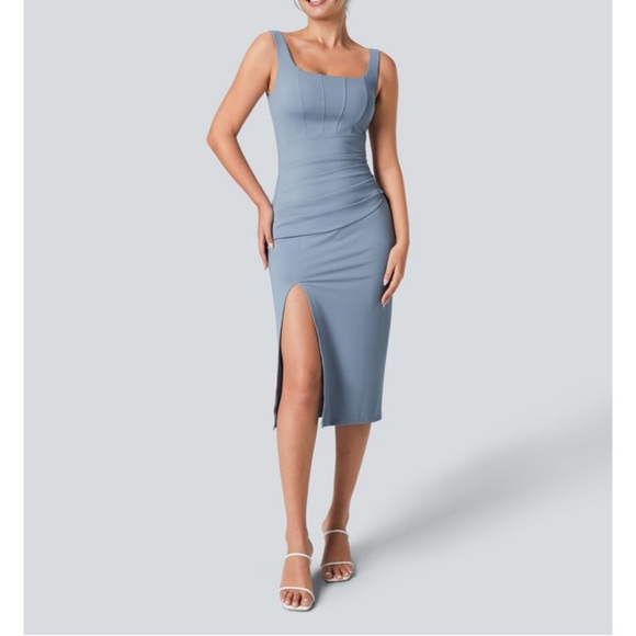 Halara Softlyzero Airy Square neck Corset Ruched Midi Dress - Picture 1 of 7